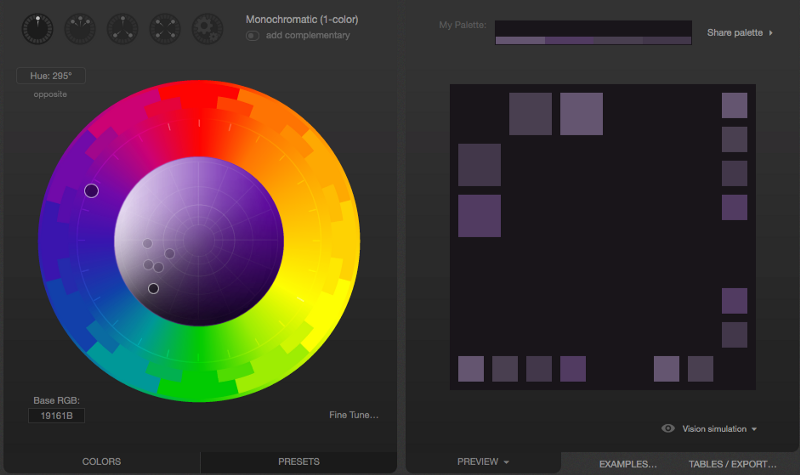 Paletton's palette dashboard in monochromatic mode